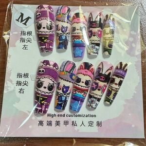 Press On Nails Cute Cartoon Purple Monsters Medium Size 10